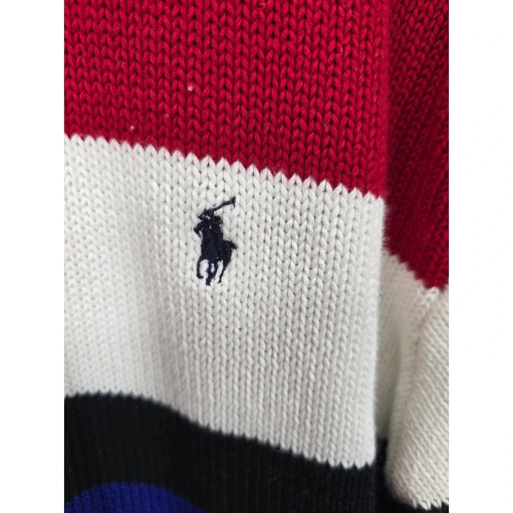 Polo Ralph Lauren Mens Colorblock Striped Cotton Knit Crewneck Sweater Red Blue